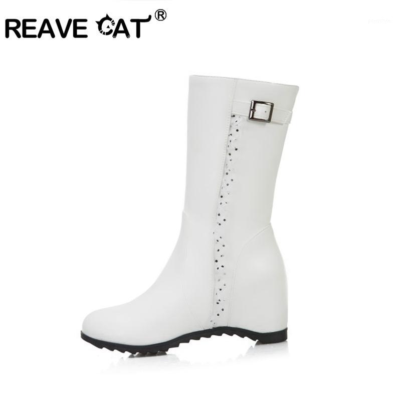 

REAVECAT Winter Warm Knee high boots Round toe Wedges Height Increasing PU Zipper Buckle Big size 33-43 Black White Daily A31011, White velvet
