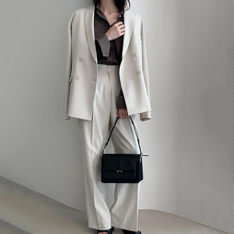 

Newest Loose Women Blazer Sets Double-breasted Jacket & Wide Leg Pants Fashion Fall Clothes Knitted Korean Version Pant Suits, Brown pant