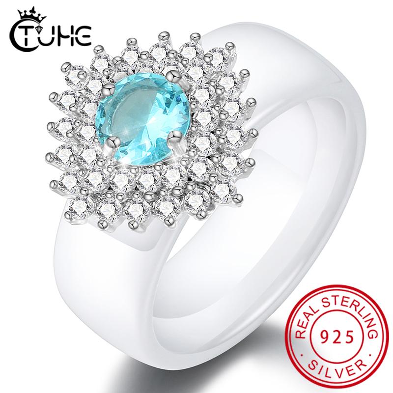 

Fashion Crystal Engagement Design Hot Sale Rings For Women Blue White Zircon Cubic Elegant Ceramic Rings Female Gift