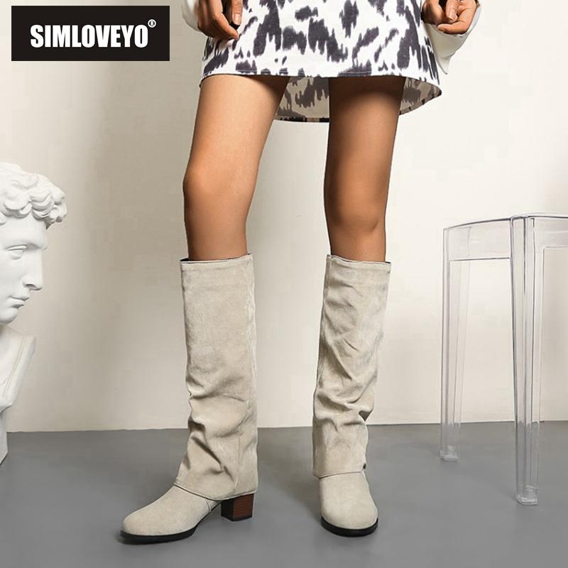 

SIMLOVEYO Winter Knee high boots Faux Suede Round toe 6cm Block heel Slip-on Solid Slouchy Big size 35-43 Casual B2095, Maroon