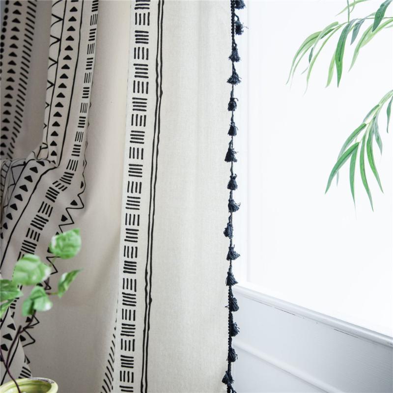 

Black Geometric Curtains Finished Cotton Linen Printing Tassels Bohemian Style Kitchen Bay Window Curtain Rod Punch Hook 3 Types, Ymqy000001