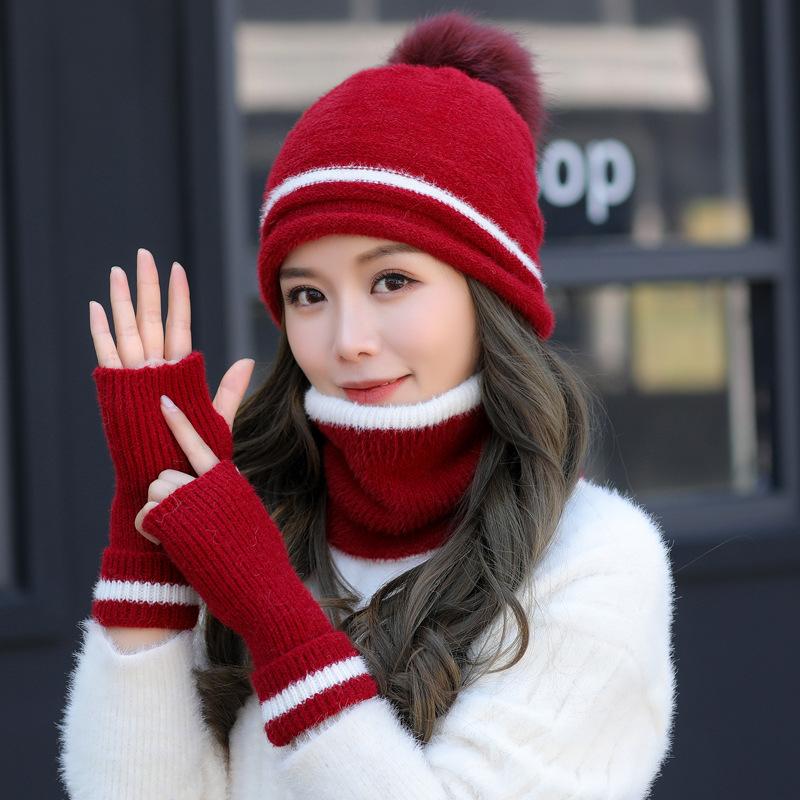 

Glove Neck Hat Set Women's Winter Warm Hat Cap Set for Women Children Scarf Gloves, White