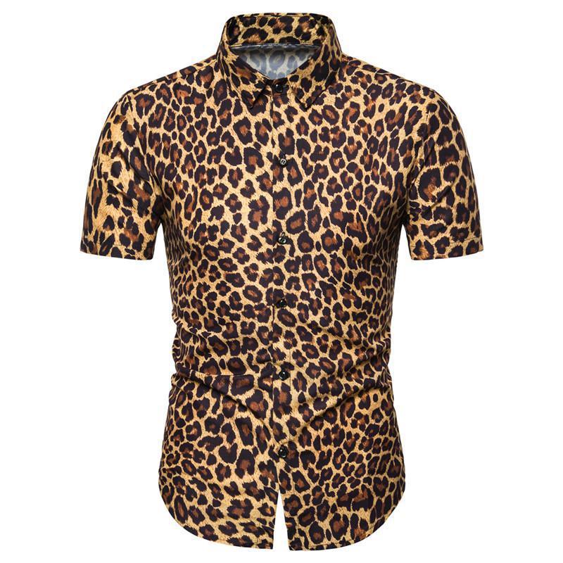 

Single Breasted Leopard Vintage Shirt Korean Clothes Men Short Sleeve Summer Fashion Streetwear Office Shirt Male US Size XXXL, Yellow leopard shirt