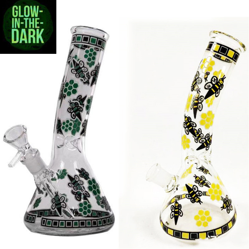 

8 inch glass water bong Glow In The Dark dab oil rig bubbler thick beaker glass water pipe with 14mm smoking bowl