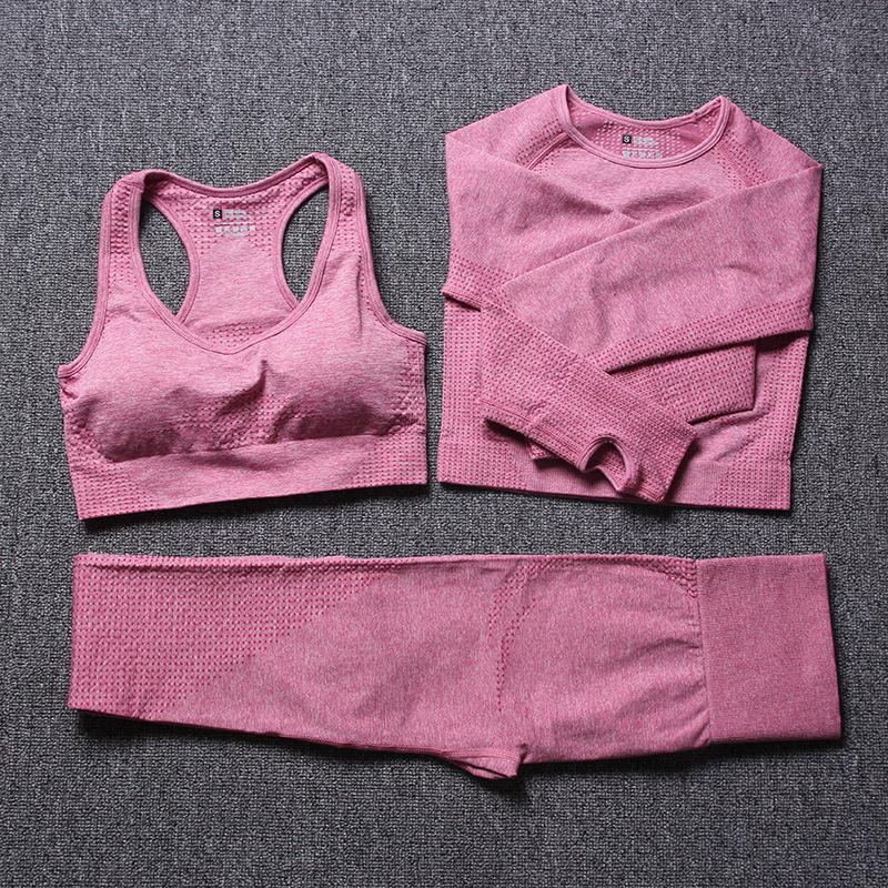 

3PCS Seamless Women Yoga Set Workout Sportswear Gym Clothing Fitness Long Sleeve Crop Top High Waist Leggings Sports Suits, Armygreen