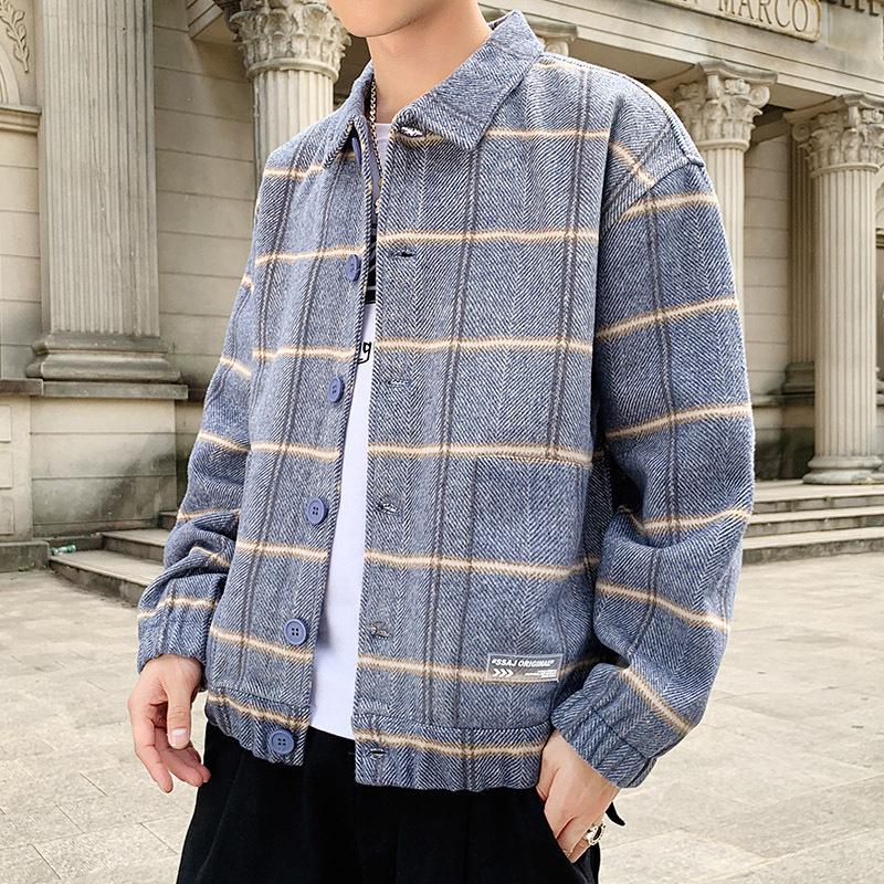 

Japanese streetwear woolen plaid men masculine vintage hip hop hipster stripe fleece jackets mens casual short jacket coat, Blue