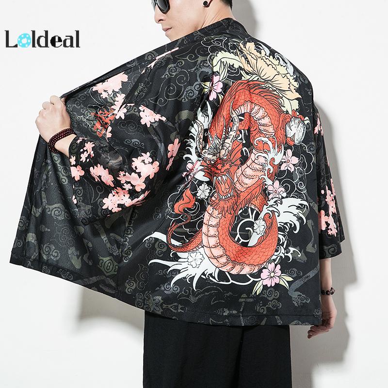 

LOLDEAL Summer Shirt Chinese Style Dragon Printing Kimono Cardigan Men Shirt Hip Hop Streetwear Men Cloak, Black