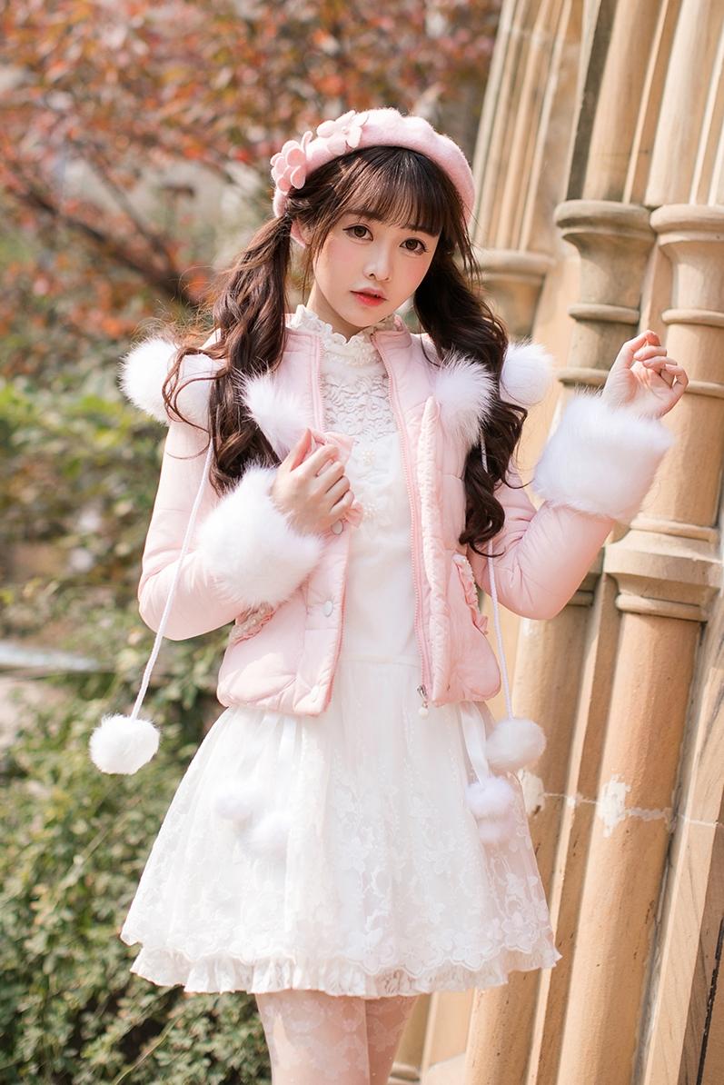 

Princess sweet lolita parkas Candy rain a short section of small cotton padded winter sweet long sleeved cotton tide C22CD7260, Pink