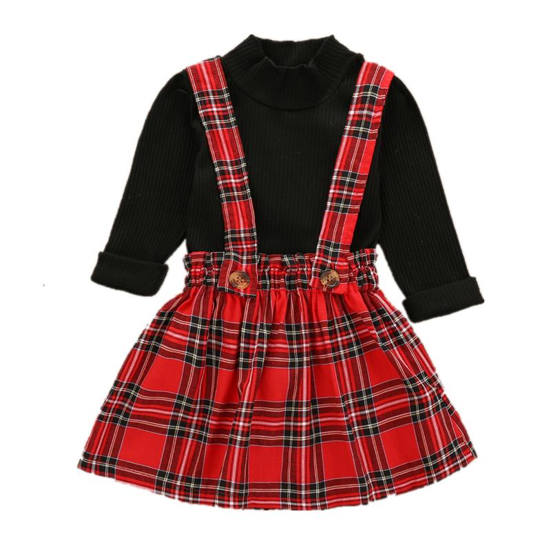 

New Christmas Girls' 2 Pieces Suit Children's Striped Sweater Crew Neck T-Shirt Solid Kids Plaid Shoulder Dress Short Skirt 1-6Y, As pic