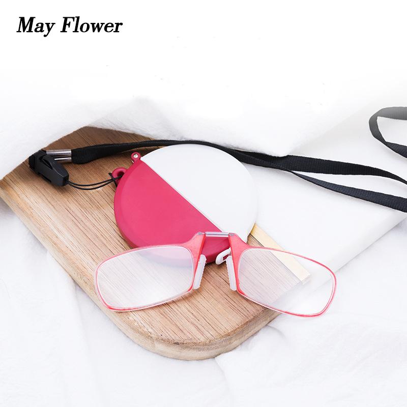 

May Flower Mini TR Anti-blue Nose Clip Reading Glasses Portable Neck Hanging Presbyopia Eyewear With Round Case For Men&Women +2