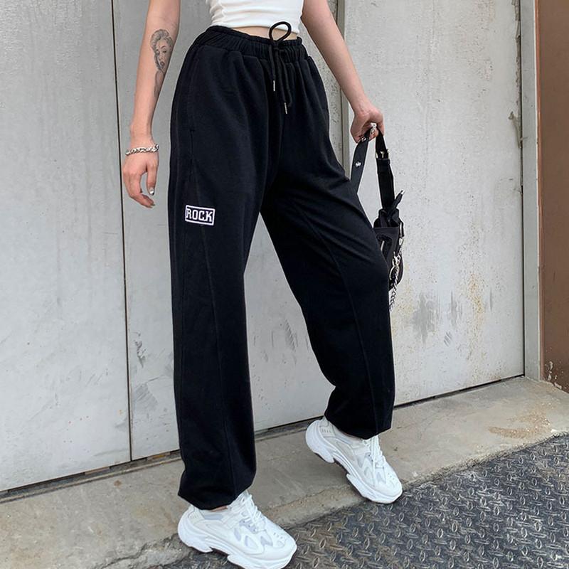 

Womens Cargo Pant Casual Loose Sweatpants Elastic Waist Letter Embroidery Workout Cargo Jogger Pants Pockets Solid Color Trouser, Black