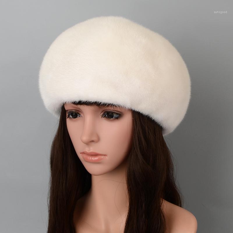 

Berets Beret Real Fur Mink Winter Women Hats Brand Female Fashion Warm Caps For Flower 20211, White