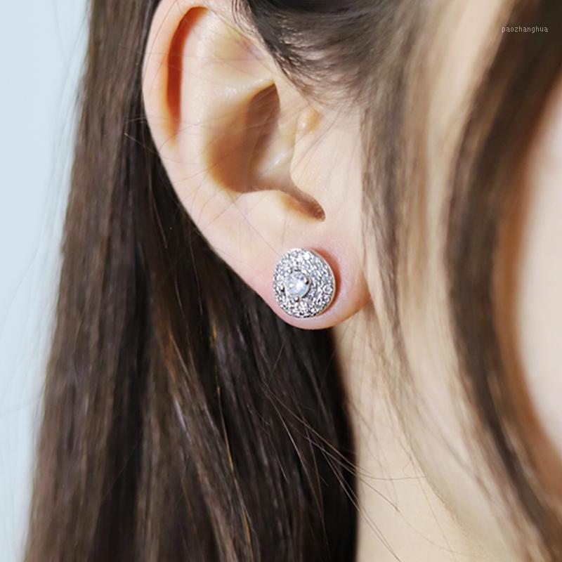 

Stud Female Luxury Crystal Round Earrings Vintage Silver Color Wedding Jewelry White Zircon Stone For Women, Golden;silver