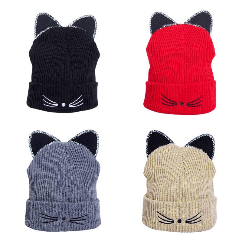 

Beanie/Skull Caps Korean Women Girls Cute Cats Whisker Embroidery Cuffed Hat Rhinestone 3D Ears Solid Color Winter Ribbed Knitted Beanie Cap, Green