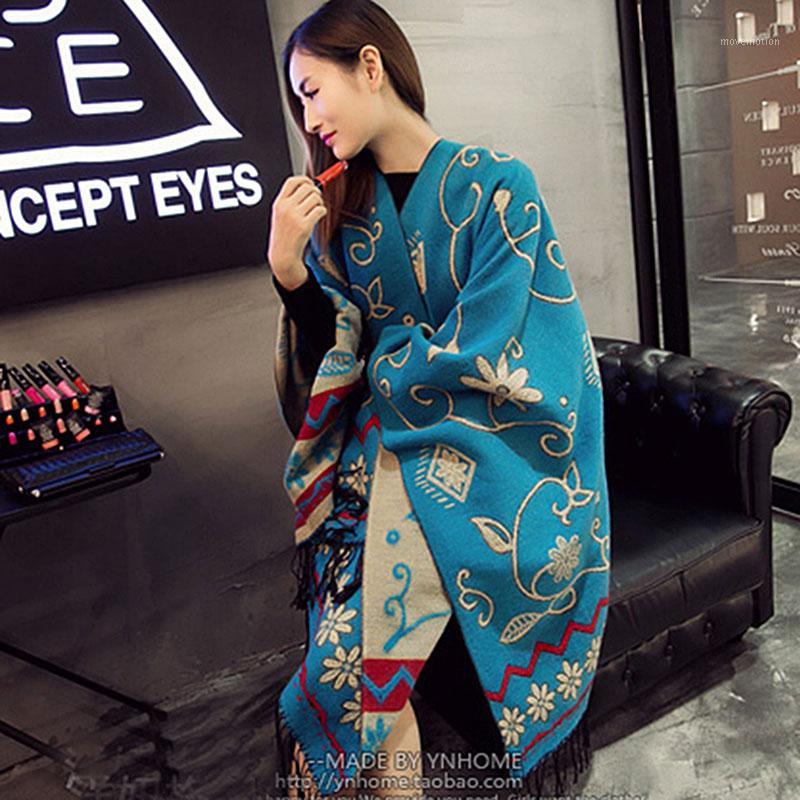 

2020 New Women Cape Shawl Poncho Winter Cardigan Tassel Femme Coat Autumn Knitted Scarf Thick Warm Floral Fashion1