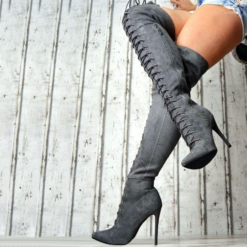 

Boots Women Shoes Lace Up Thigh High Pointed Toe Heels Ladies Cross Strap Stiletto Punk Over The Knee Long Boots1, Black
