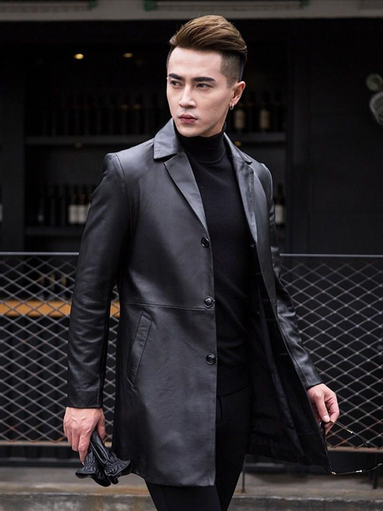 

2020 spring coat genuine leather jacket for men mid-length leather windbreaker coat for male Slim fit sheepskin blazer, Black