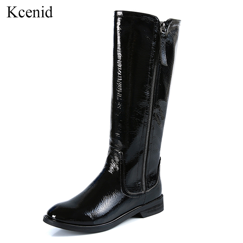 

Kcenid elegant women boots black patent leather knee-high winter boots keep warm fur low heel round toe ladies shoes big size 44, Black pu