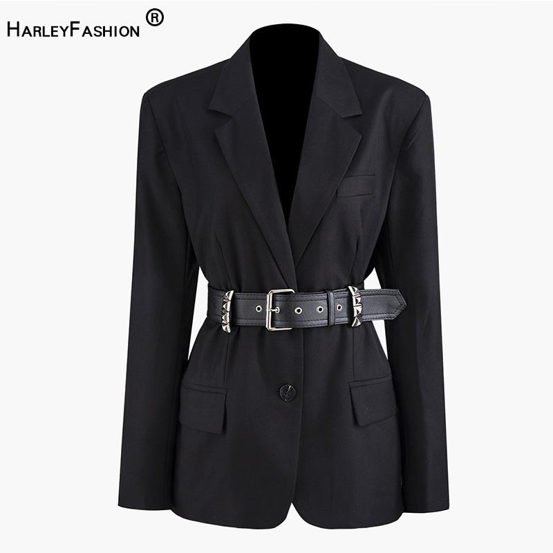 

HarleyFashion Elegant Design European High Street Casual Black Blazer with Belt Single Button Solid Slim Jacket Quality Blazers