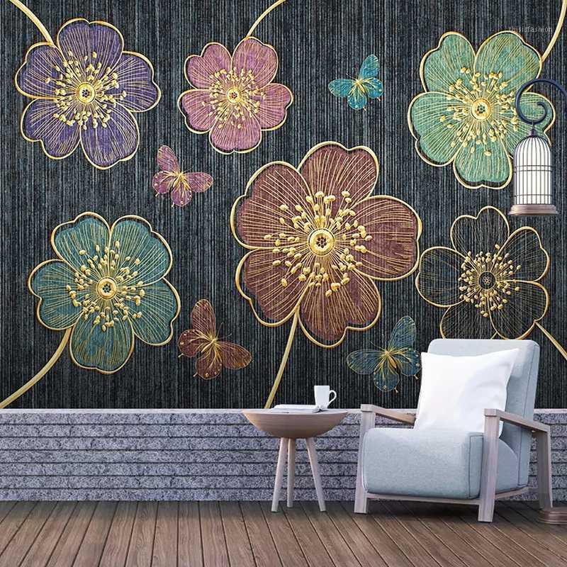 

Modern 3D Stereo Flowers Wallpaper Golden Relief Plant Line Photo Wall Mural Living Room TV Sofa Bedroom Background Wall Papers1, As pic