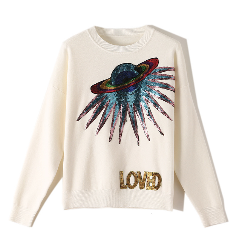 

2021 New Warms Way Autumn Ufo Planet Sequins Letters Knit Pullovers Female Sweater Jumper Long Sleeve Loved Letter 6lp4, Blue