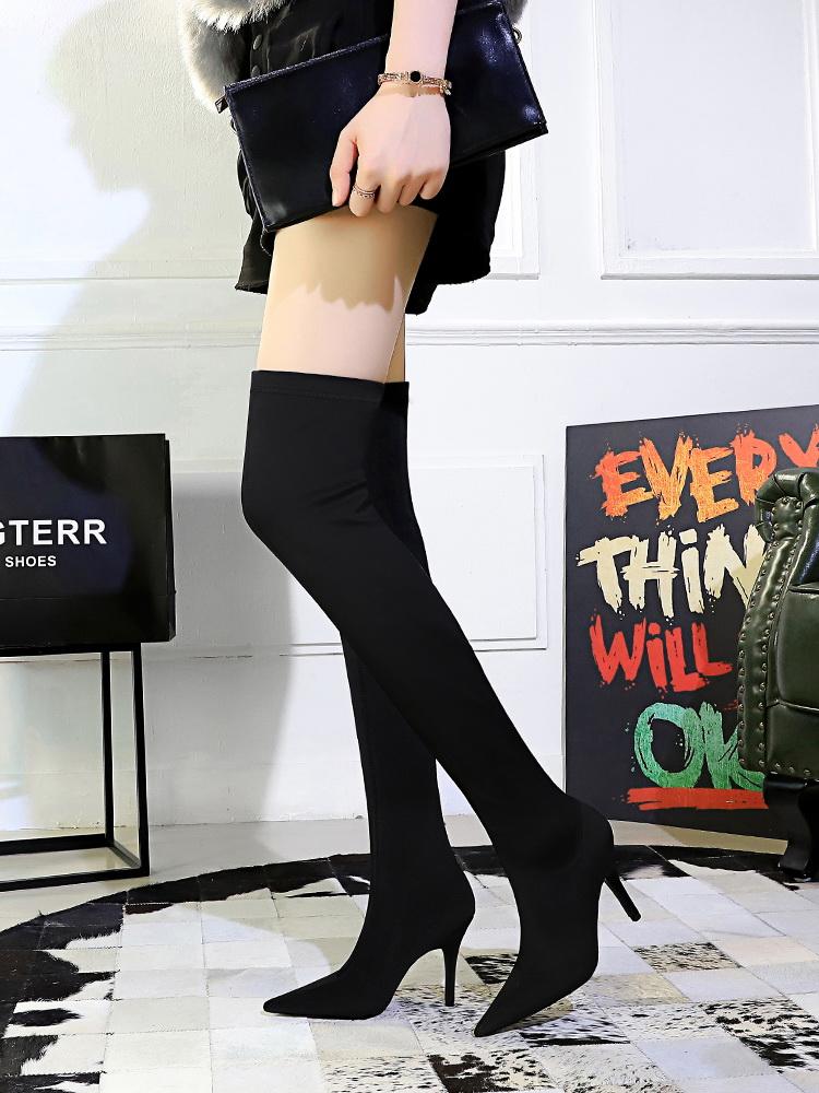 

Female winter fashion knee-high boots fine high heels with pointed sexy nightclub show thin elastic leica increase high, Black