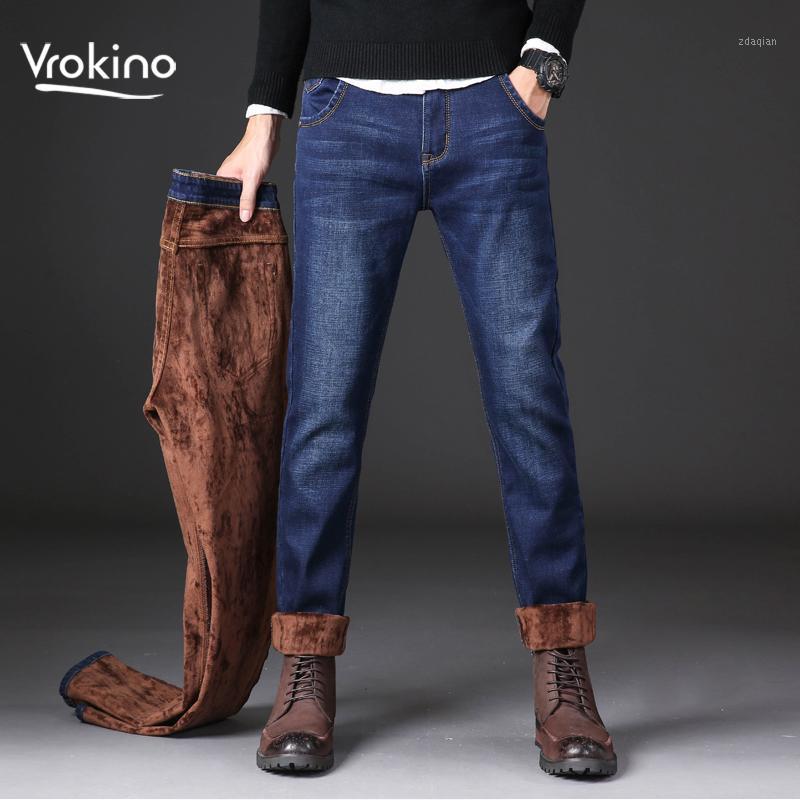 

New Winter 2020 Men's warm thick jeans Men's business casual stretch black blue denim pants Large size 28-421, 021 blue