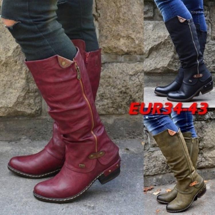 

New 2020 Winter Women Warm Boots Shoes Slip on Zipper Pointed Toe Booties Leather Shoes Low Heel Mid Calf Boots Women1, Green