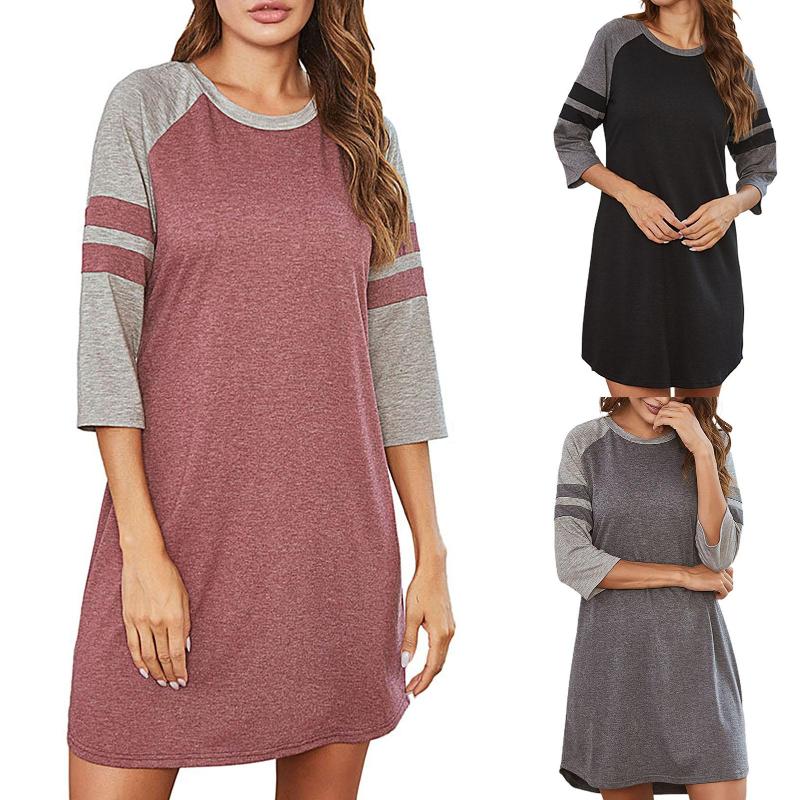

Women 3/4 Sleeve O Neck Color Block Oversize Loose Leisure Mini Nightdress Sleepwear Homewear Tops, Black
