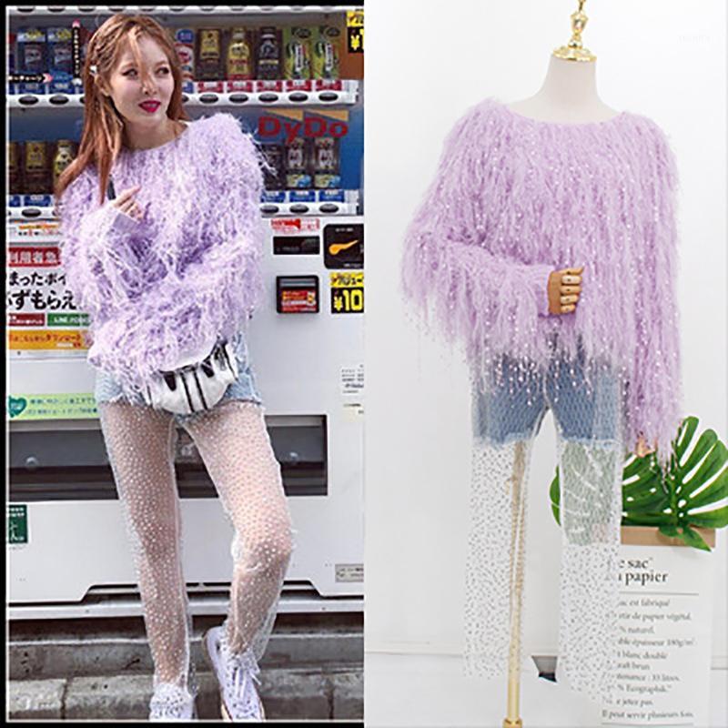 

kpop 4Minute Kim Hyun A Purple O-neck long sleeve pullover sweater+denim mesh perspective sequin sexy pants women Two-piece set1, Denim mesh pants