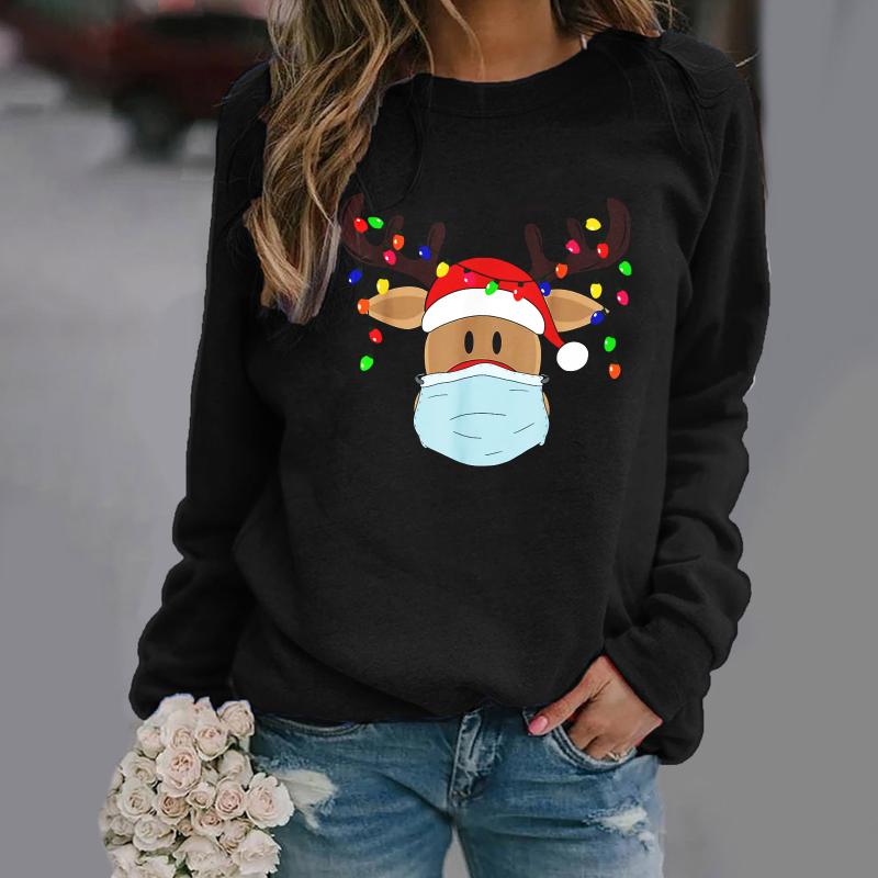 

Fashion Women Christmas Blouse Long Sleeve Shirt O Neck Women Shirt Casual Blouse Tops Clothes For Girls Sweatshirt Pullover, Black