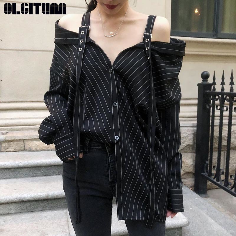 

OLGITUM New Fashion 2019 Personality Black Stripe Off-shoulder Strap Vertical Long Sleeve Shirt Female's Loose Blouse T200321, Picture