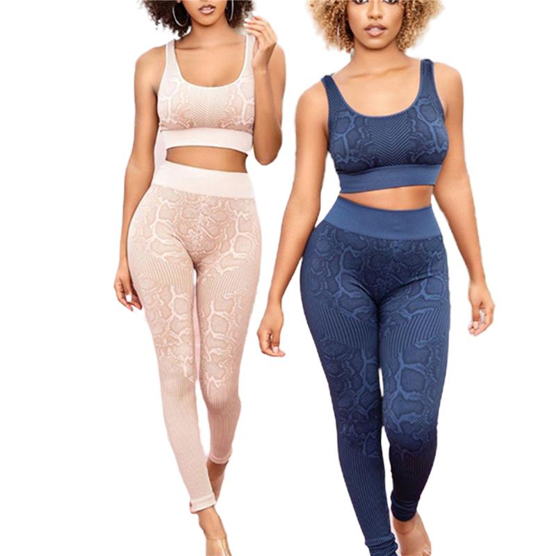 

High Waist Trousers Suit Women' Sports Two Piece Set Fashion Snake Pattern U-neck Vest Top and Tight Yoga Sets