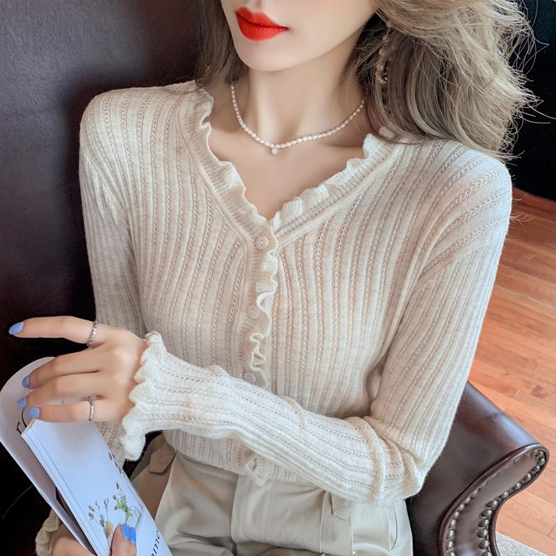 

Women's Knits & Tees 2022 Slim Korean Style Knitted Sweater Cardigans Women Long Sleeve Single Breaster Female Cardigan Solid Sweaters Suete, White