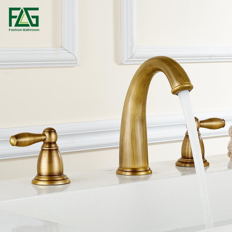 

FLG Basin Faucet Golden Plate 3 Hole Bathroom Sink Faucet Deck Mounted Cold Hot Vintage Sink Mixer Tap1