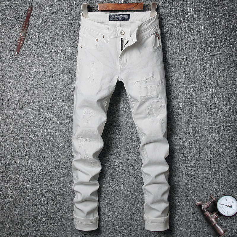 

2021 New Italian Vintage Fashion White Slim Fit Elastic Ripped Punk Streetwear Hip Hop Jeans Men Pencil Pants Pgu4