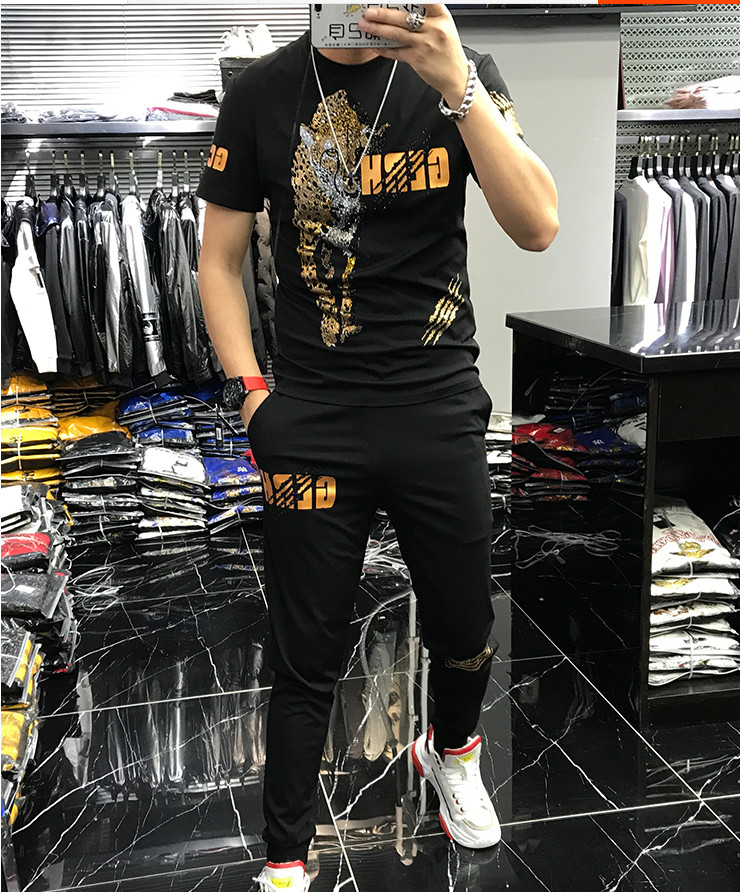 

Men's Short-sleeve Suit Will See Hot-fashion Half-mango Two-piece 2021 New-style Impression Tracksuit Uogn, Black