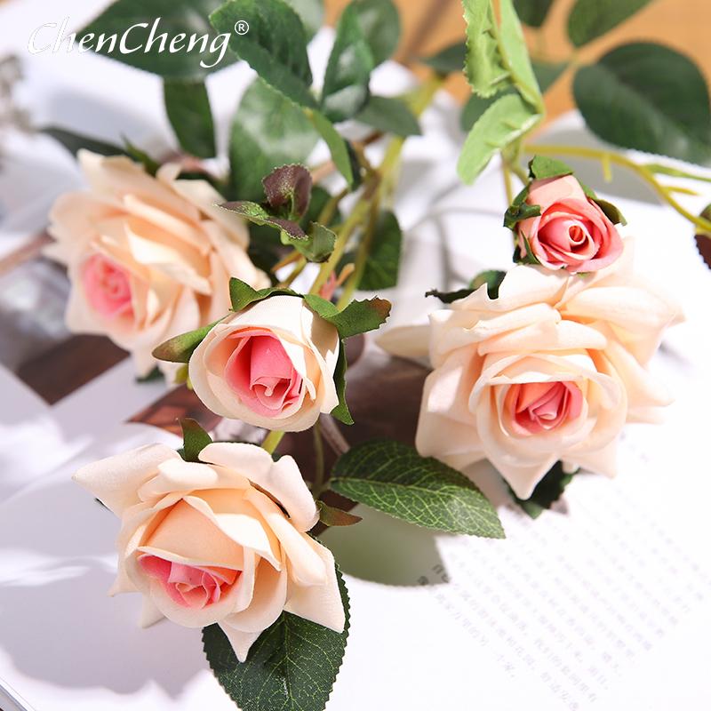 

CHENCHENG 5 Heads 64 CM Artificial Flower Rose Bouquet Fake Flower Wedding Home Living Room Table Decoration, Pink