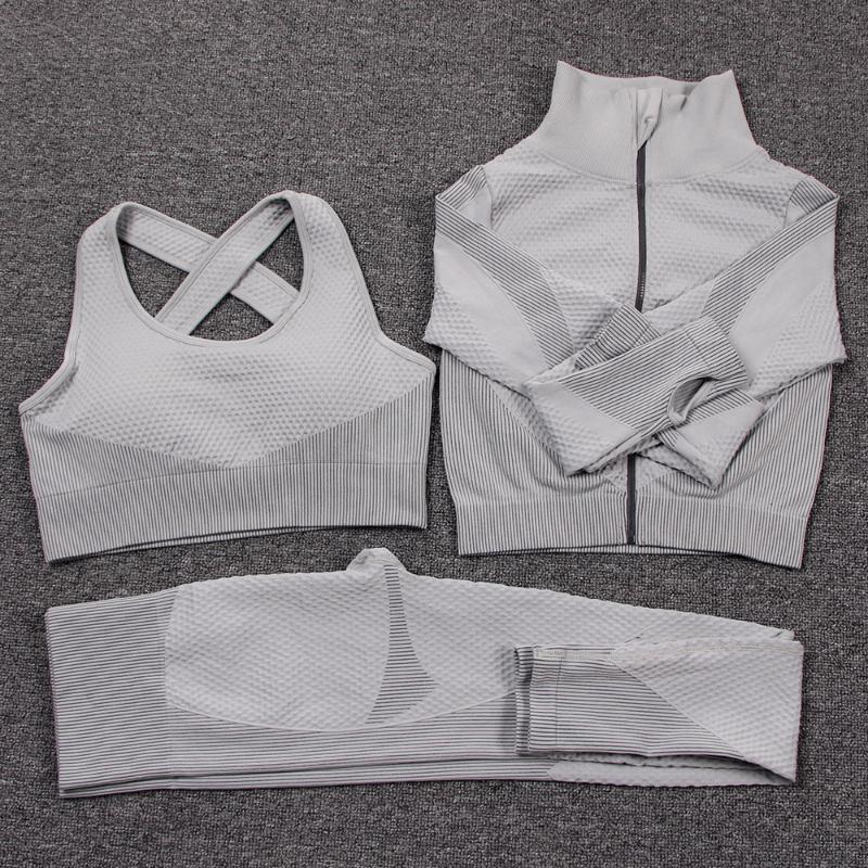 

Women Fitness Sport Yoga Sets Seamless Workout Set Running Clothes Tracksuit Women Sport Zippper Long Sleeve Yoga Clothes, Brapant gray