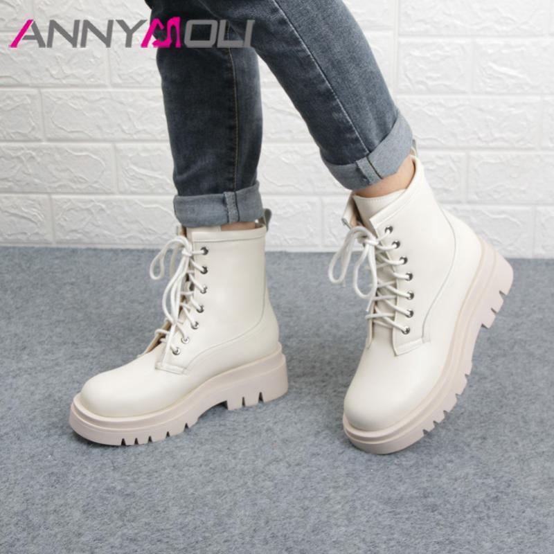 

ANNYMOLI Women Motorcycle Boots Shoes Platform High Heel Ankle Boots Cross Tied Block Heels Short Autumn Winter Beige 431, Black synthetic lin