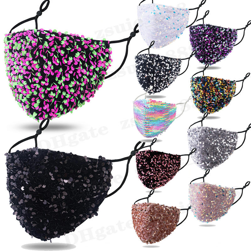 

15 Style Shiny Face Masks Fashion BlingBling Sequin Paillette Designer Luxury Mask Washable Reusable Woman Mascarillas Protective Adjustable