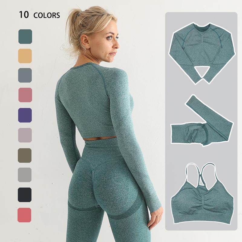 

Seamless Women Yoga Set Workout Sportswear Gym Clothing Fitness Long Sleeve Crop Top High Waist Leggings+Sport Bra Sports Suits, Yellow-bra