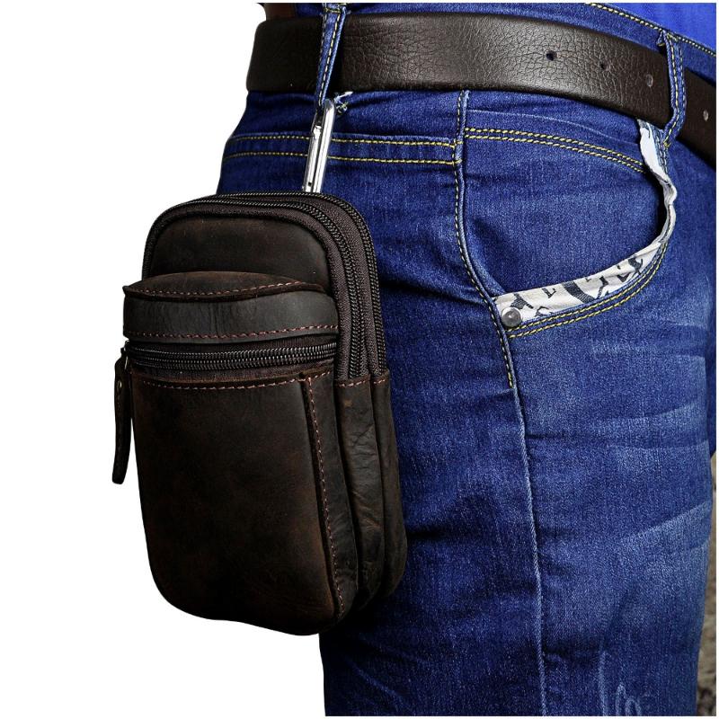 

Genuine Leather men Casual Design Small Waist Bag Pouch Cowhide Fashion Hook Waist Belt Pack Cigarette Case Phone Pouch 6546-b, Black