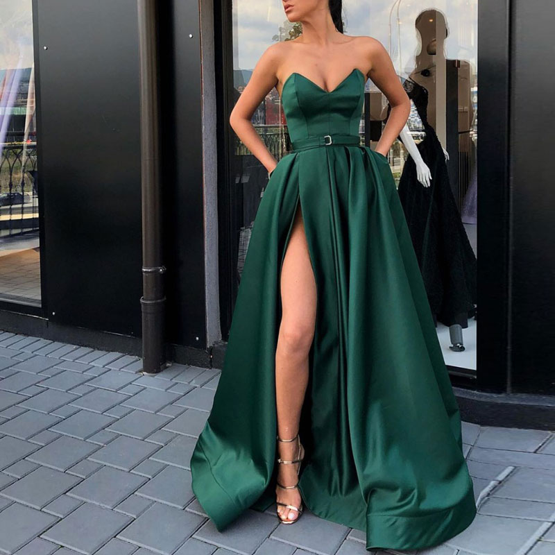 

Evening Dress Satin Robe De Soiree Dark Green Long Gown V-Neck Formal Abiye Gece Elbisesi Back Lacing Prom Dress, Wine red