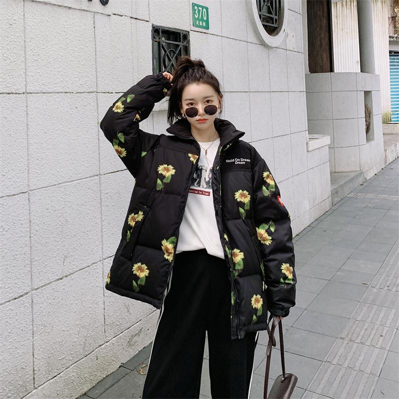 

2020 New Winter Jacket High Quality Hooded Coat Women Fashion Print Flower Winter Warm Woman Clothing Casual Parkas, Black parkas