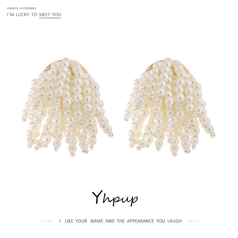

Stud Yhpup Stylish Imitation Pearls Tassels Chunky Earrings For Women Elegant Geometric Copper Aros Mujer Oreja Gift