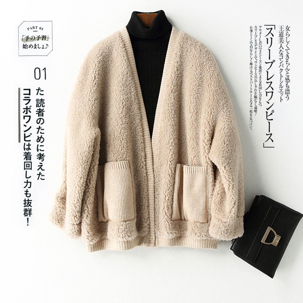 

2021 Winter Women Jacket New Cardigan V-neck Velvet Thicken Long Sleeve Outwear Female Coats Fur Fashion Tops EZEQ, Beige