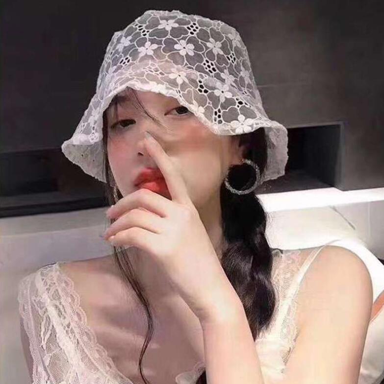 

Summer Women Korea Lace Hat Flower Wide Brim Sun Hats, White
