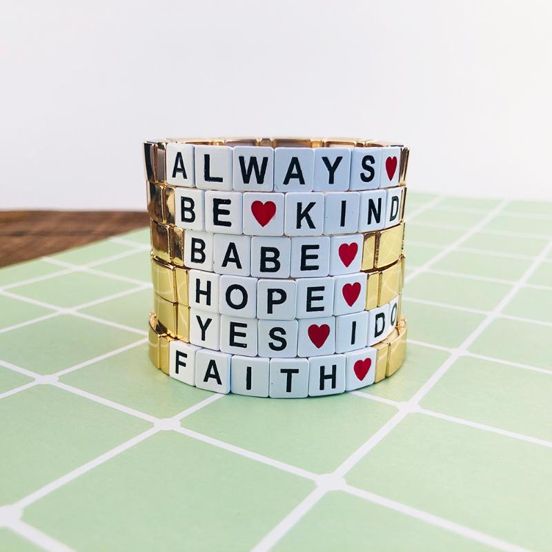 

New Design Customize Letter Love Rainbow Bracelet For Women Stackable Elastic Bracelet Tile Bracelets Best Friends Gifts