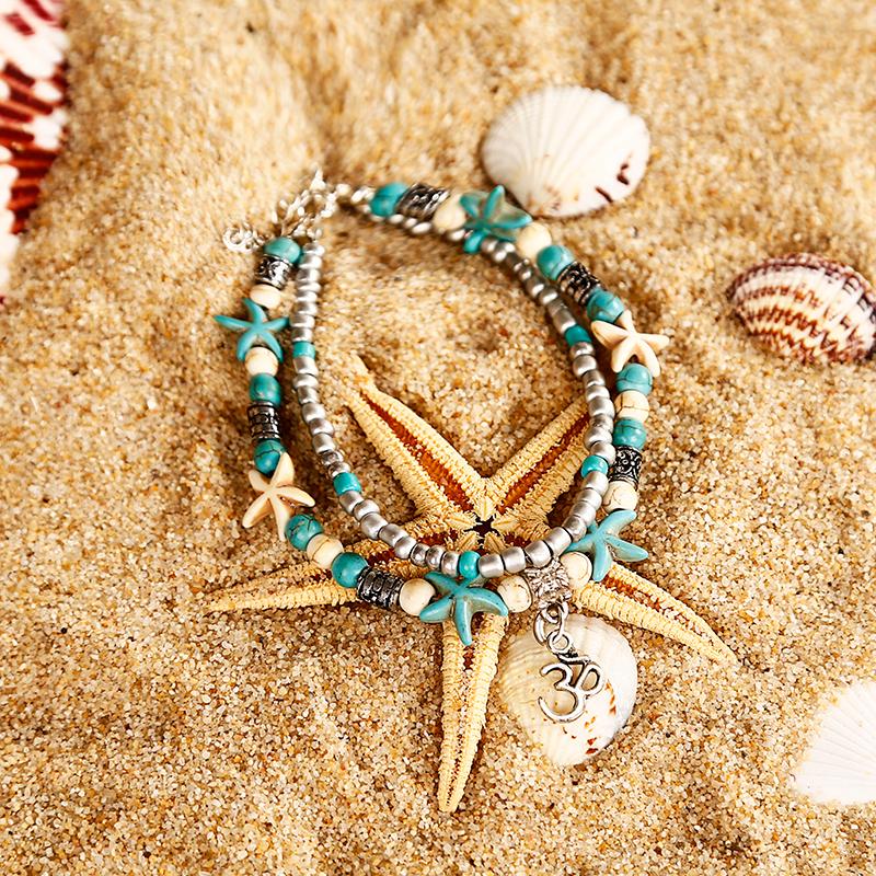 

NS35 Bohemian Multiple Layers Starfish Turtle Beads Anklets For Women Vintage Boho Shell Chain Anklet Bracelet Beach Jewelry